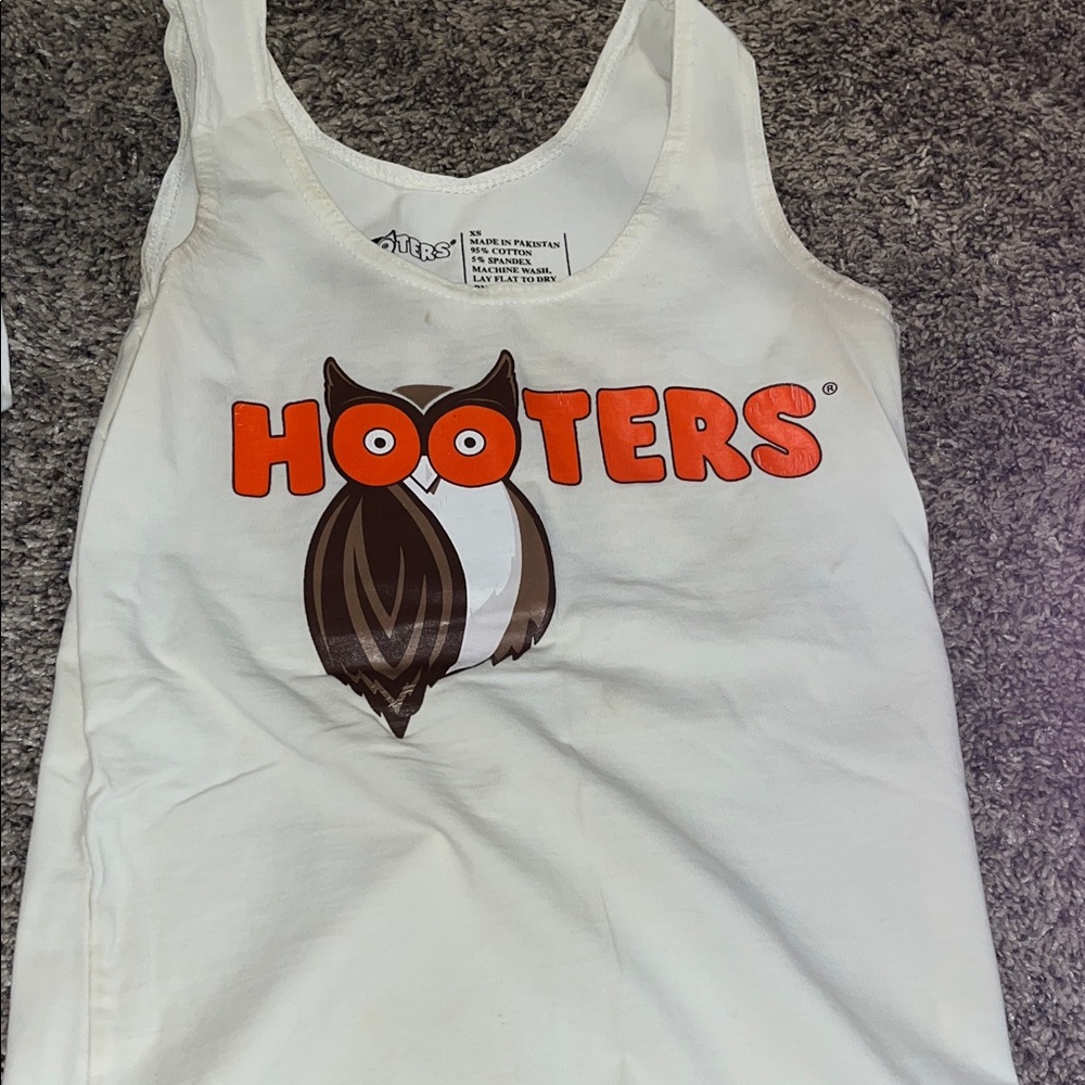 Hooters White Tank with Orange Logo and Brown Owl